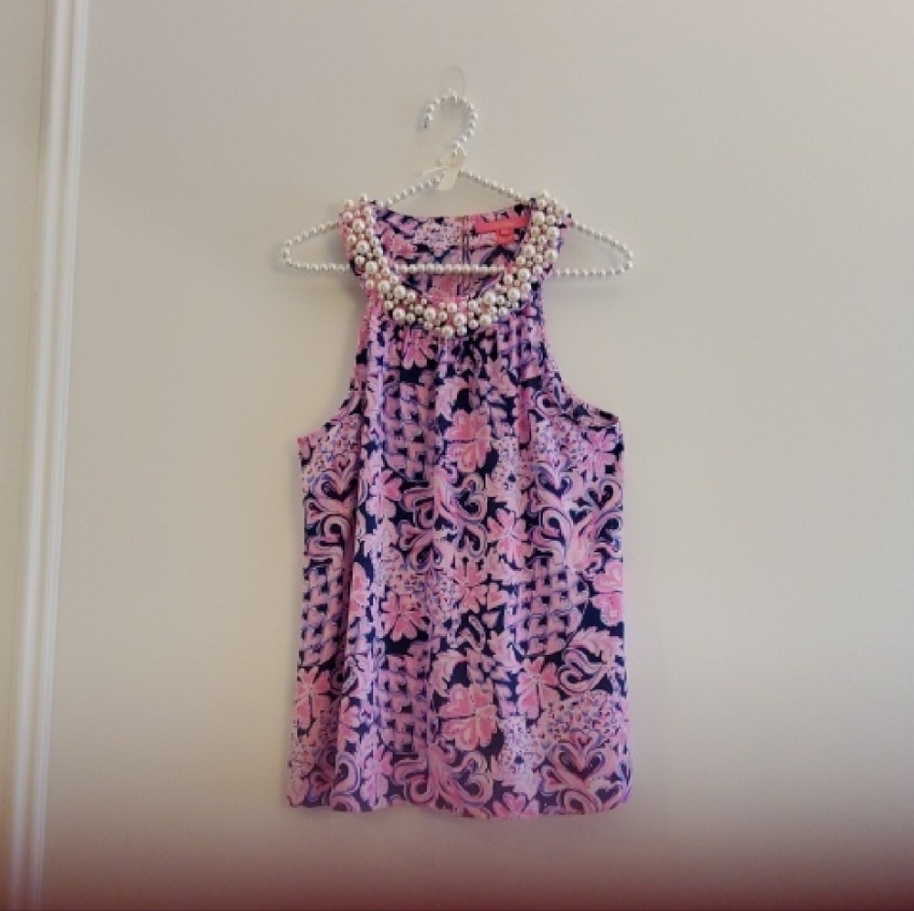 Lilly Pulitzer Women's Pink & Navy Floral Halter with Beaded Neckline